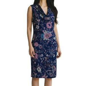 Le Lis Navy Floral Print Sleeveless Tie Neck Shift Dress Summer Women's Size S‎